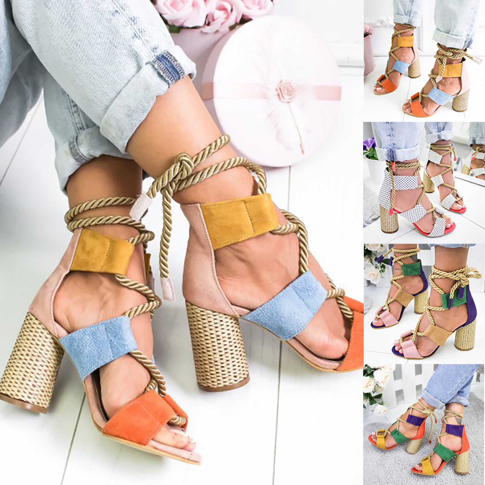 Fashion Ladies Patchwork Strap Shoes Cross Rope Block Heel Sandals